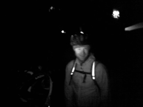 Aaron Baldwing staying warm at the start